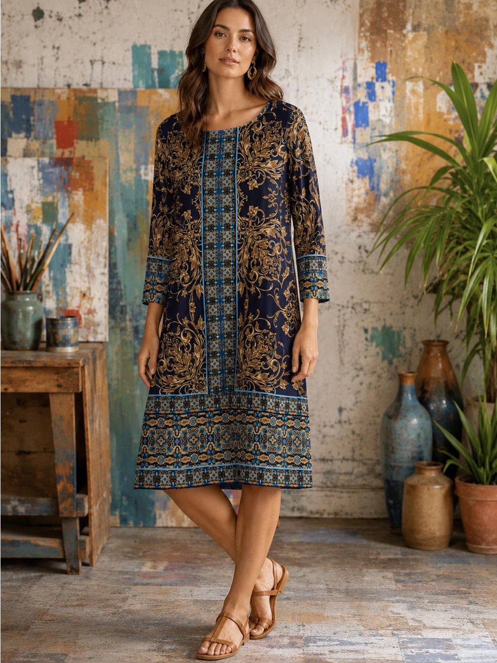 London Style Collection Dress Womens 12 Blue Floral 3/4 Sleeve Shift Knee Length
